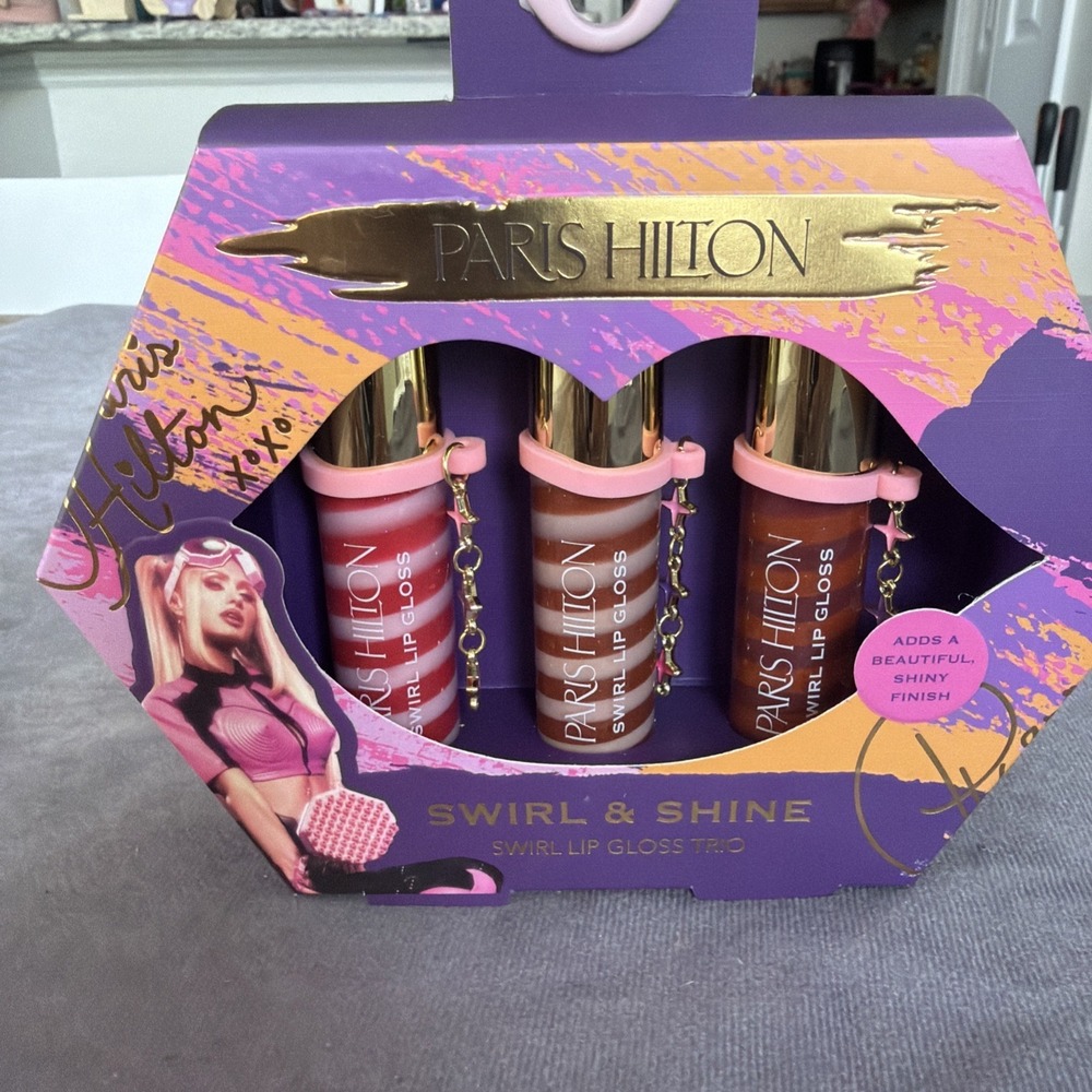 Paris Hilton Swirl & Shine Lip Gloss Trio 3 Pc Set NIB Gift Makeup 2027 Exp